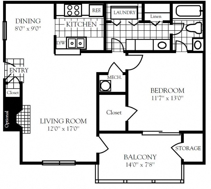 Floor plan for 1 bed, 1 bath, 789 sqft